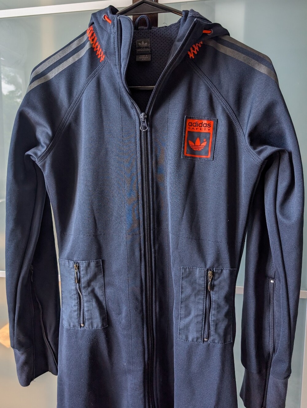 📼Rare Vintage adidas Safety Long Navy Hooded Full Zip Long Track Jacket Dress S - Picture 2 of 13